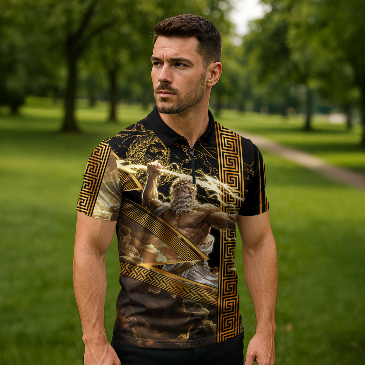 Zeus Greek Mythology King Of Gods Zipper Polo Shirt Gold Meander Pattern Lightning Bolt Mythological
