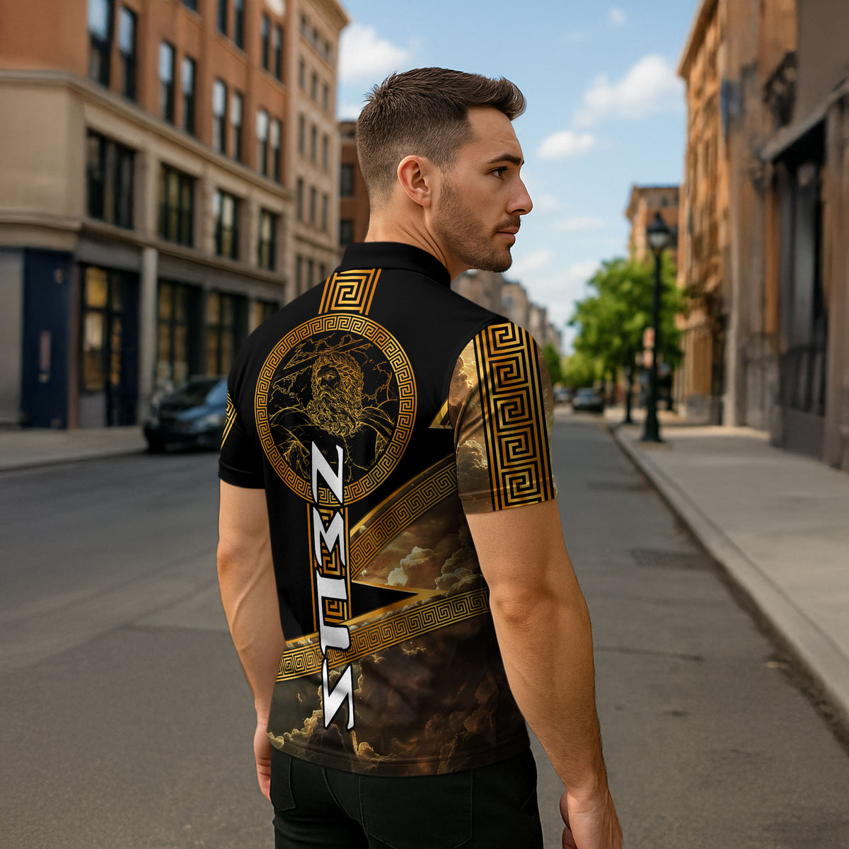 Zeus Greek Mythology King Of Gods Zipper Polo Shirt Gold Meander Pattern Lightning Bolt Mythological