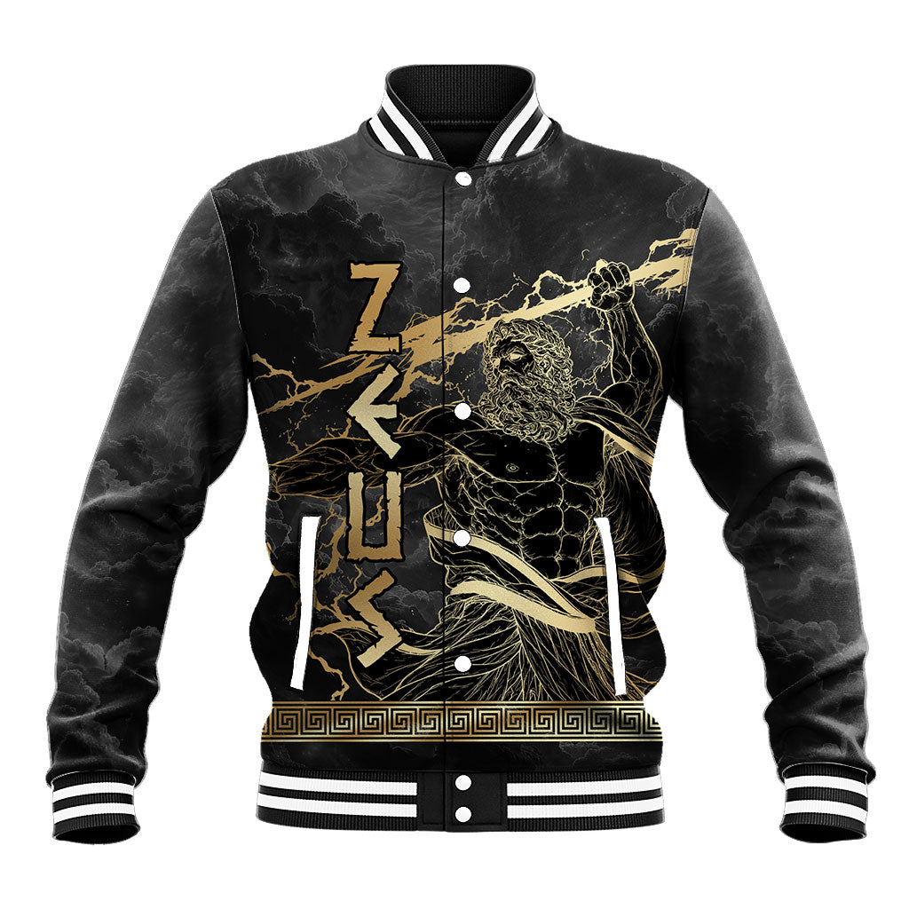 Zeus Greek Mythology King Of Gods Baseball Jacket Golden Meander Key Pattern Lightning Bolt