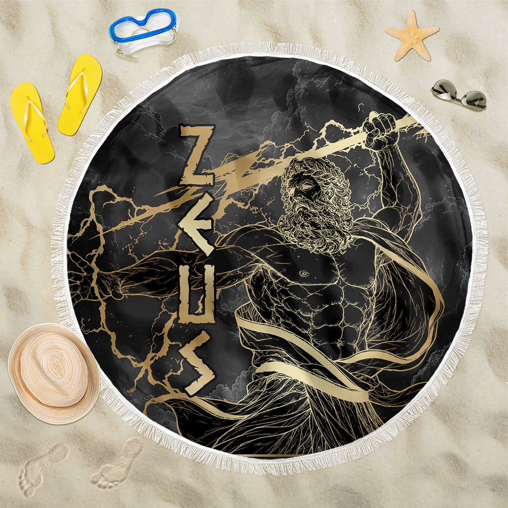 Zeus Greek Mythology King Of Gods Beach Blanket Golden Meander Key Pattern Lightning Bolt