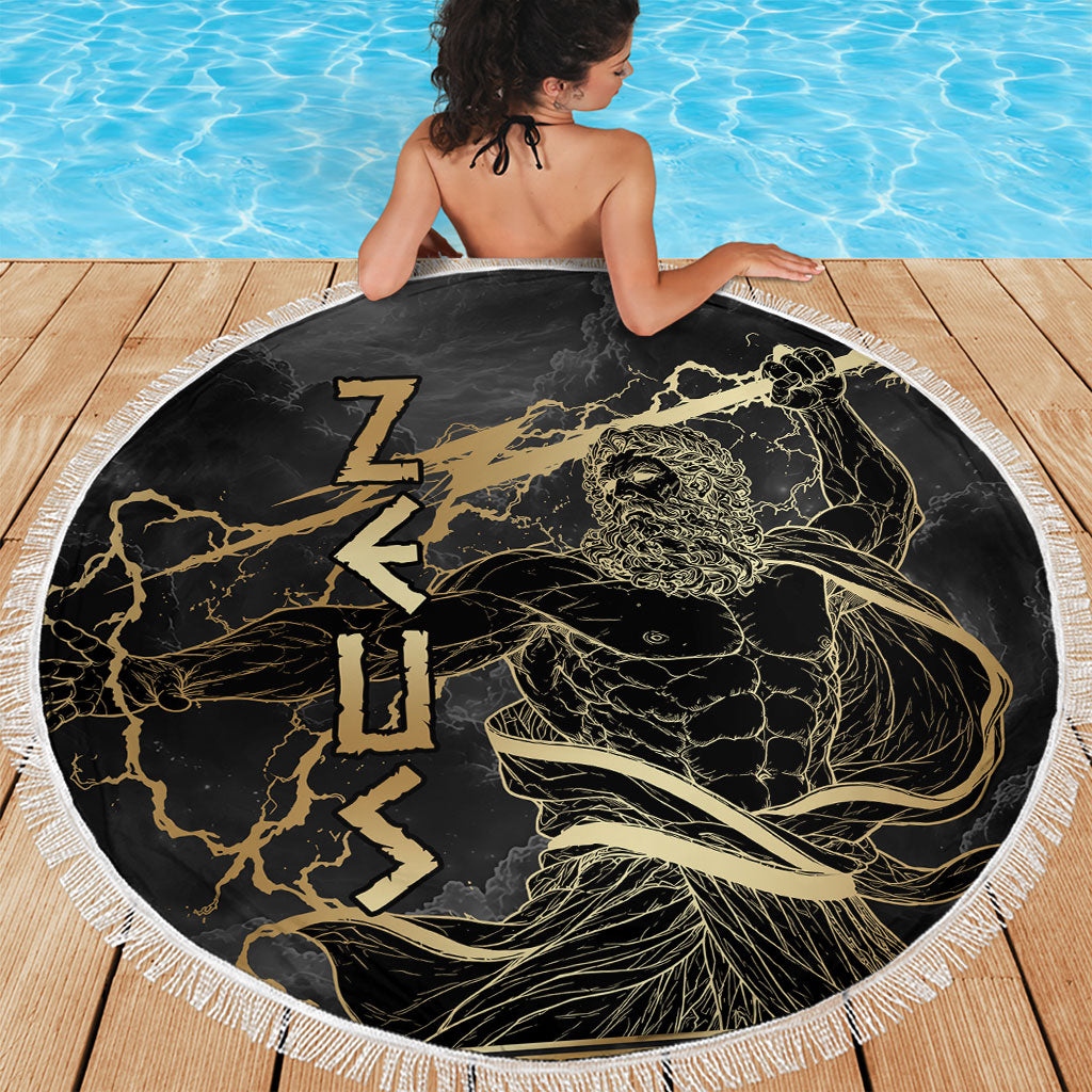 Zeus Greek Mythology King Of Gods Beach Blanket Golden Meander Key Pattern Lightning Bolt