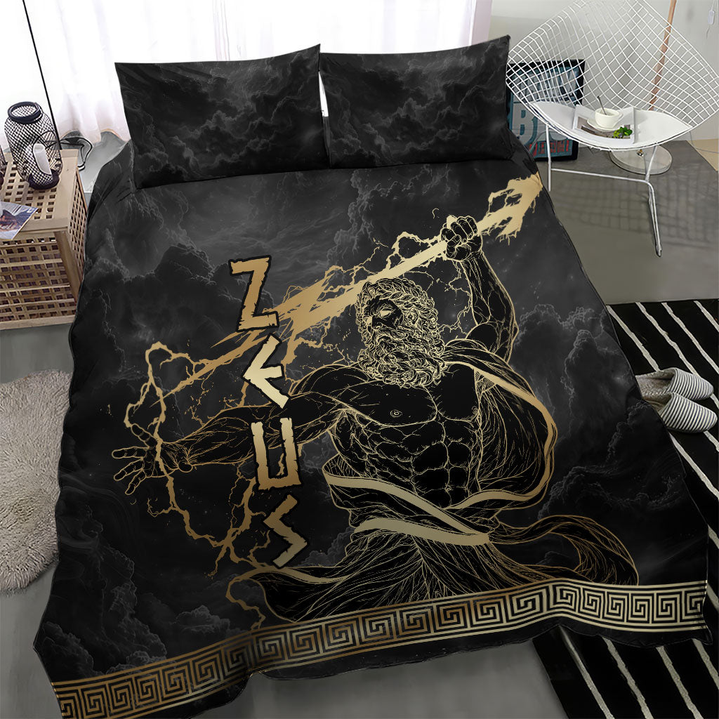Zeus Greek Mythology King Of Gods Bedding Set Golden Meander Key Pattern Lightning Bolt
