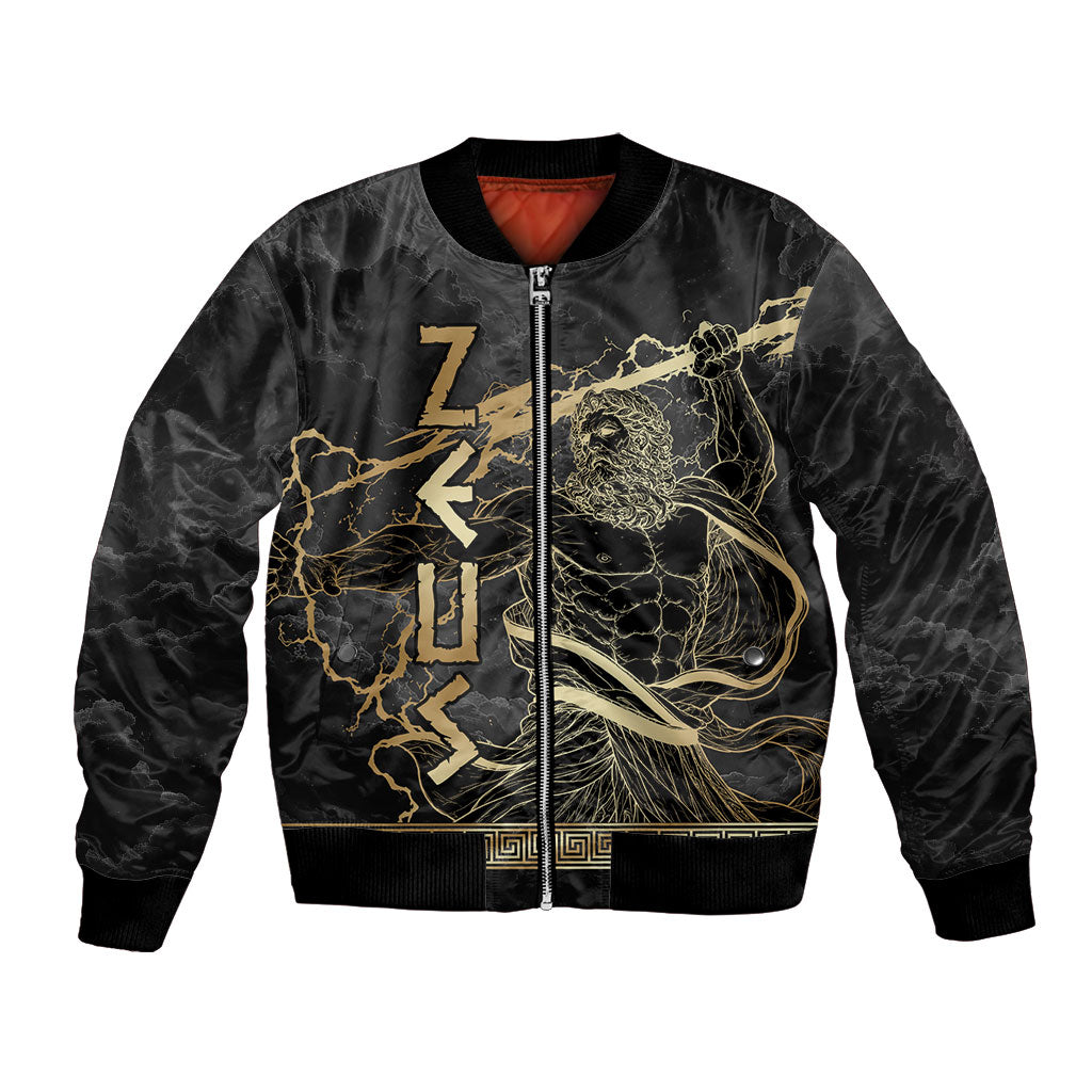 Zeus Greek Mythology King Of Gods Bomber Jacket Golden Meander Key Pattern Lightning Bolt