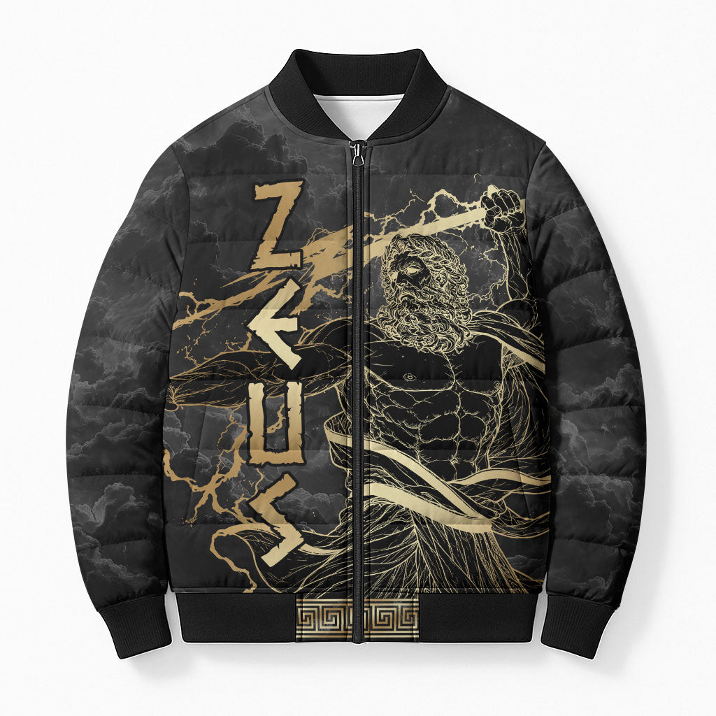 Zeus Greek Mythology King Of Gods Bomber Puffer Jacket Golden Meander Key Pattern Lightning Bolt