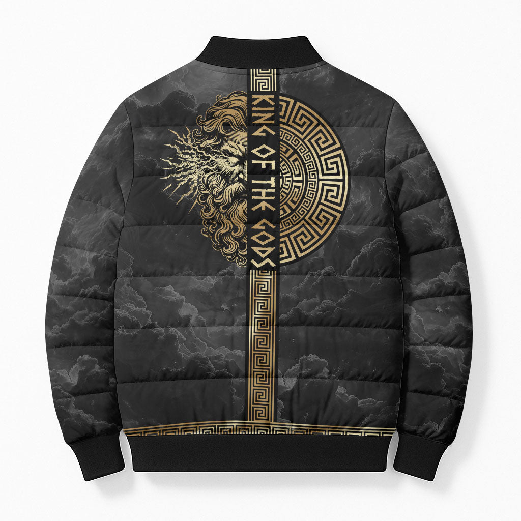 Zeus Greek Mythology King Of Gods Bomber Puffer Jacket Golden Meander Key Pattern Lightning Bolt