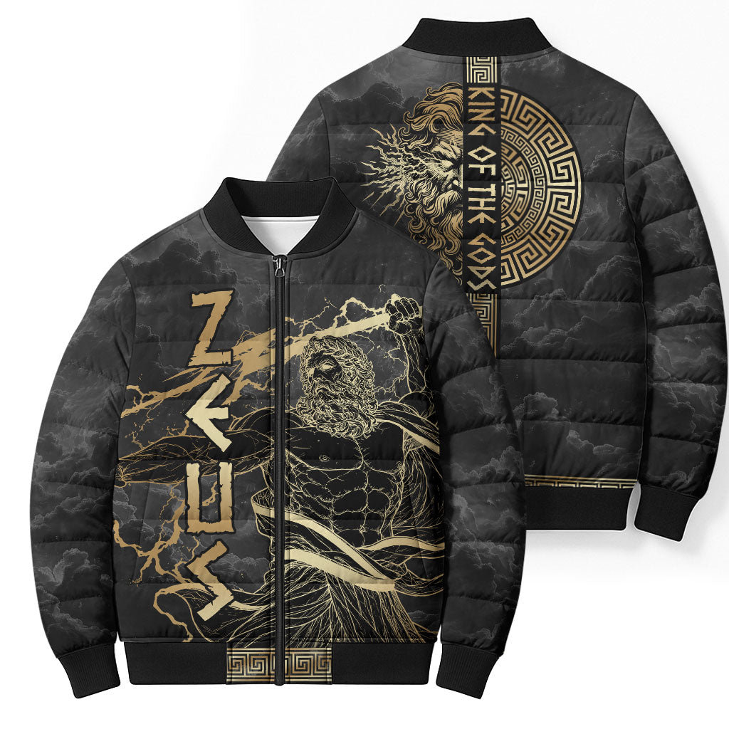Zeus Greek Mythology King Of Gods Bomber Puffer Jacket Golden Meander Key Pattern Lightning Bolt