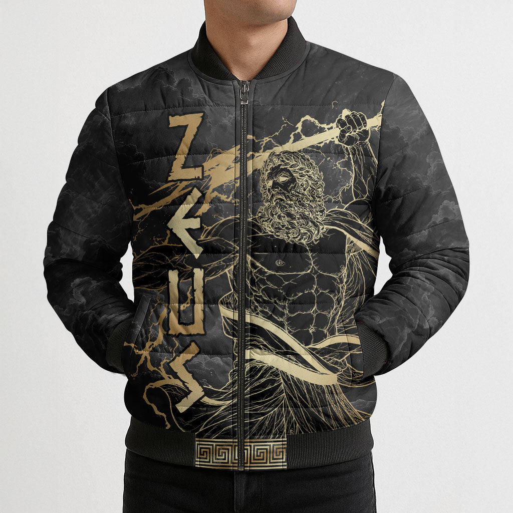 Zeus Greek Mythology King Of Gods Bomber Puffer Jacket Golden Meander Key Pattern Lightning Bolt