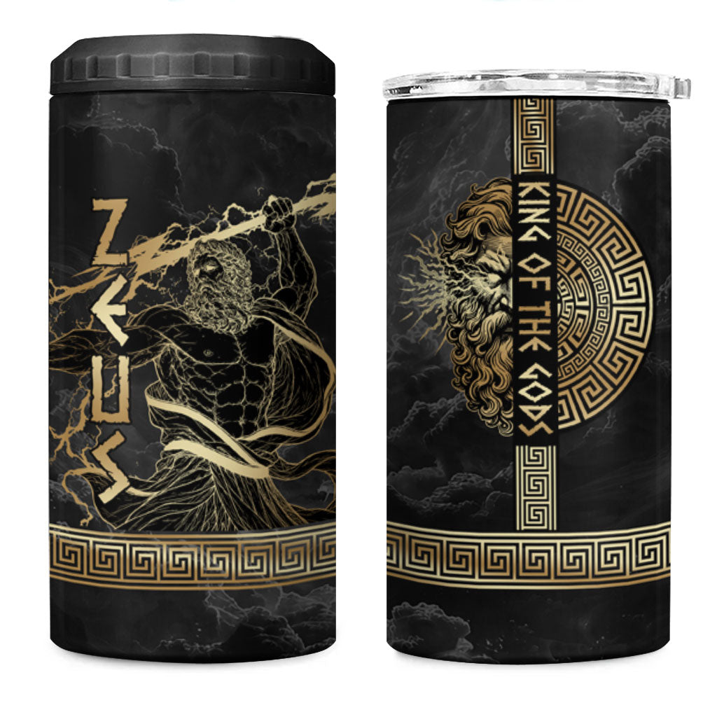 Zeus Greek Mythology King Of Gods 4 in 1 Can Cooler Tumbler Golden Meander Key Pattern Lightning Bolt