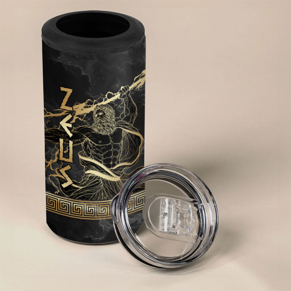 Zeus Greek Mythology King Of Gods 4 in 1 Can Cooler Tumbler Golden Meander Key Pattern Lightning Bolt