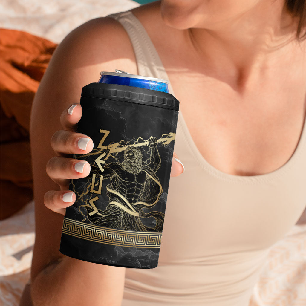 Zeus Greek Mythology King Of Gods 4 in 1 Can Cooler Tumbler Golden Meander Key Pattern Lightning Bolt