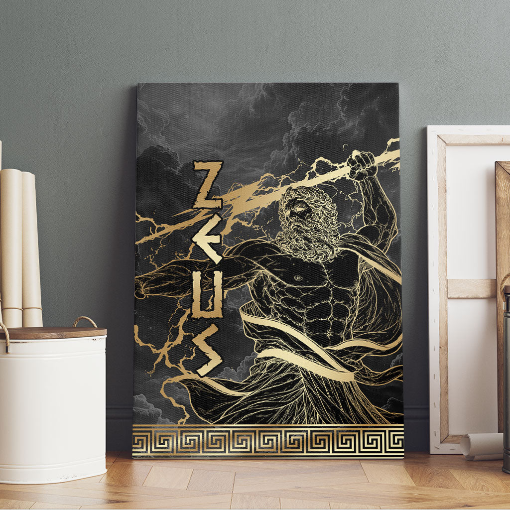 Zeus Greek Mythology King Of Gods Canvas Wall Art Golden Meander Key Pattern Lightning Bolt
