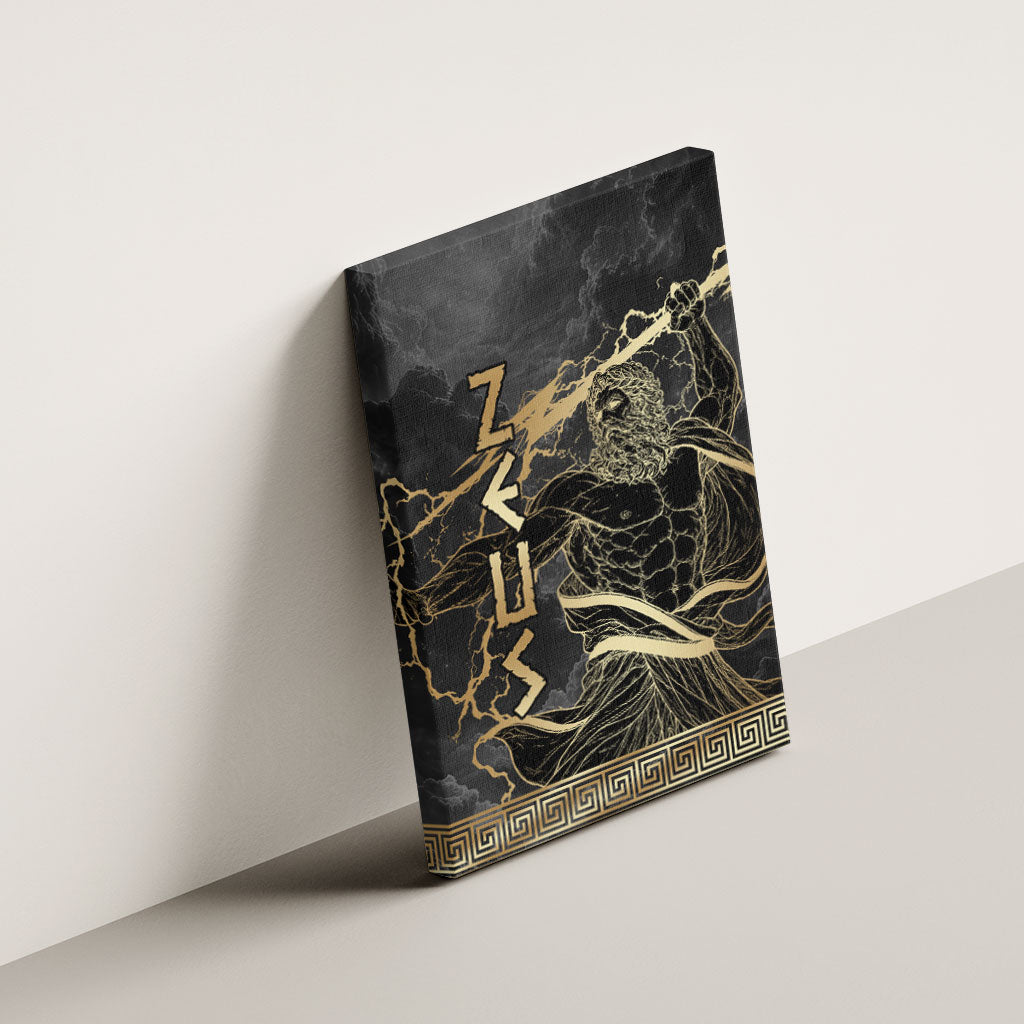 Zeus Greek Mythology King Of Gods Canvas Wall Art Golden Meander Key Pattern Lightning Bolt