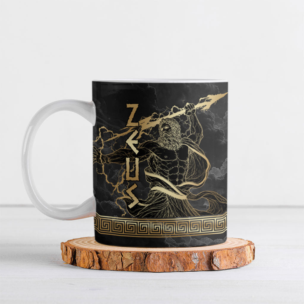 Zeus Greek Mythology King Of Gods Ceramic Mug Golden Meander Key Pattern Lightning Bolt