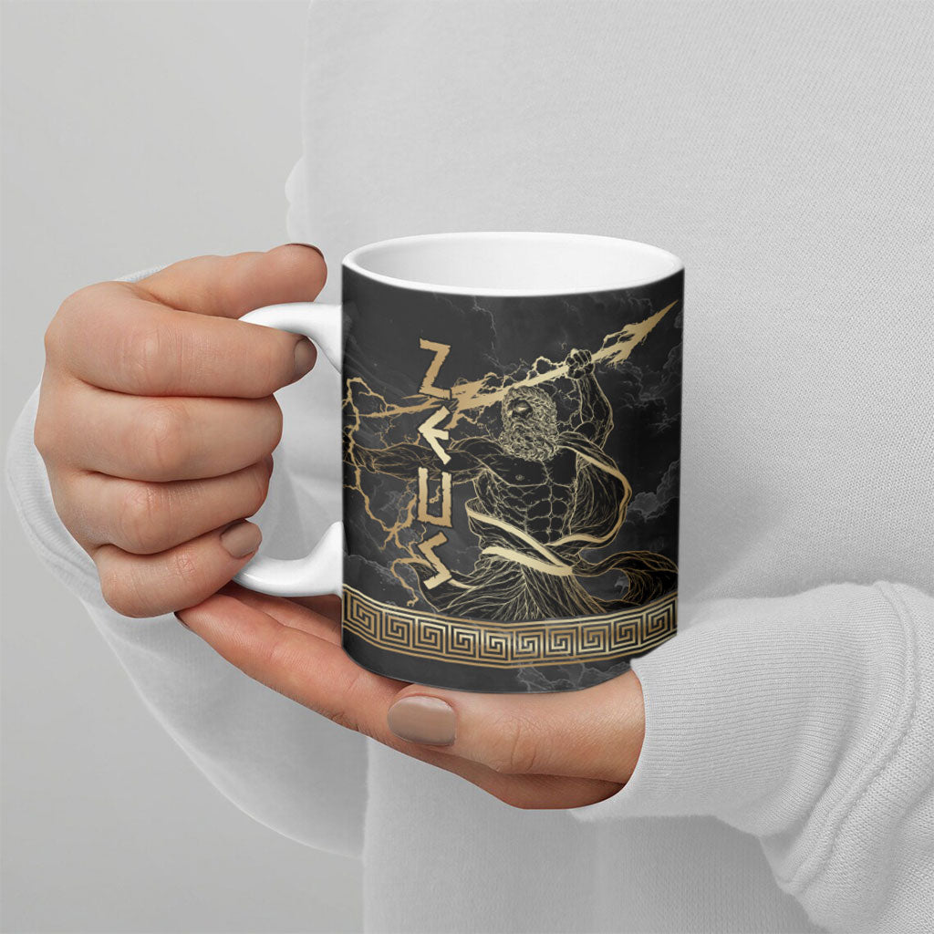 Zeus Greek Mythology King Of Gods Ceramic Mug Golden Meander Key Pattern Lightning Bolt
