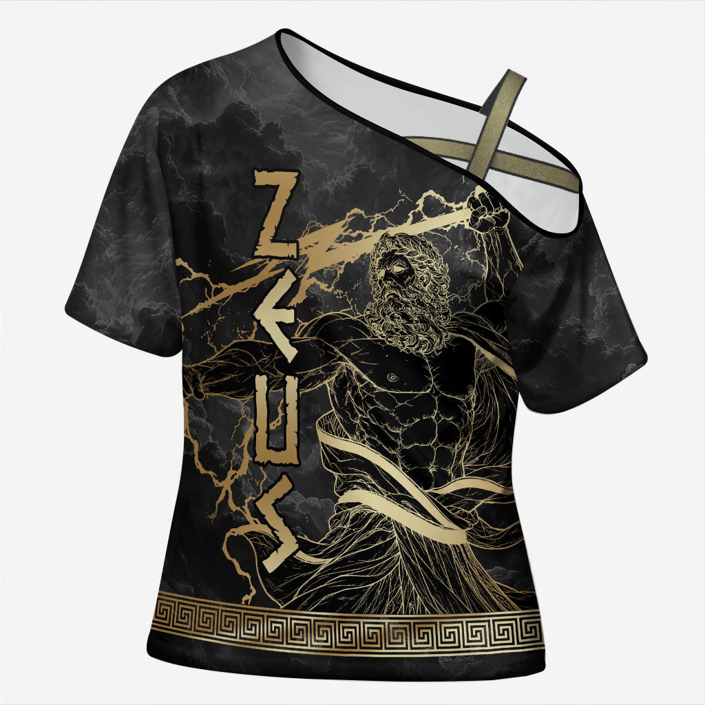 Zeus Greek Mythology King Of Gods Cross Shoulder Shirt Golden Meander Key Pattern Lightning Bolt