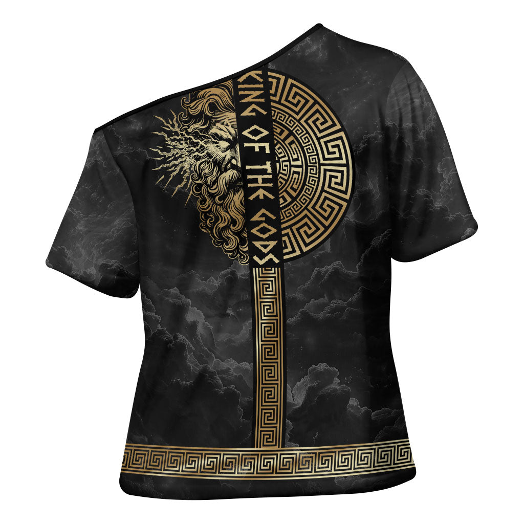 Zeus Greek Mythology King Of Gods Cross Shoulder Shirt Golden Meander Key Pattern Lightning Bolt