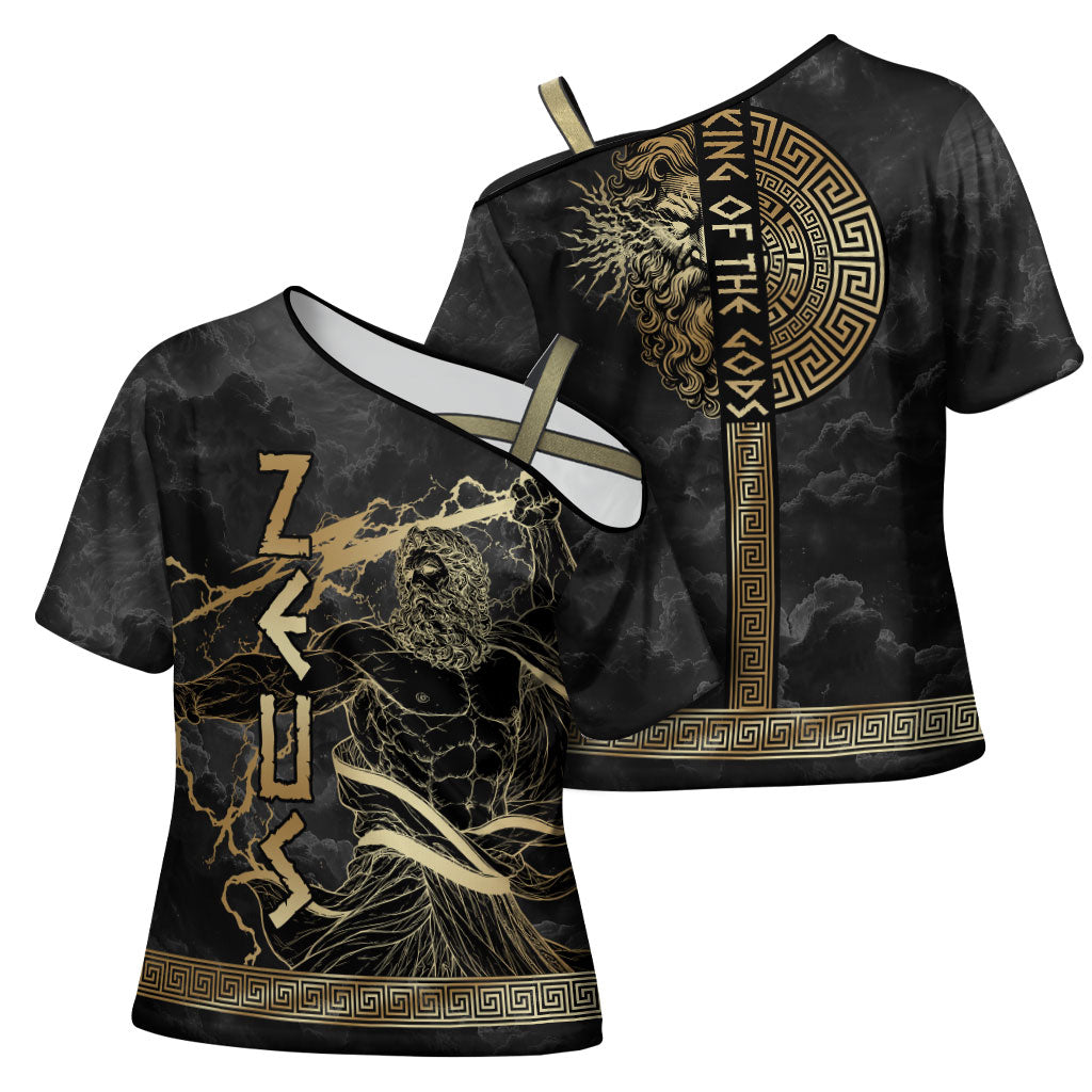 Zeus Greek Mythology King Of Gods Cross Shoulder Shirt Golden Meander Key Pattern Lightning Bolt