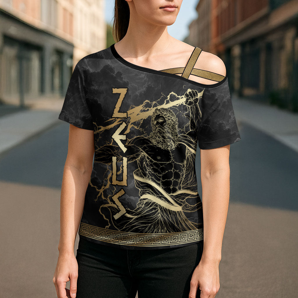 Zeus Greek Mythology King Of Gods Cross Shoulder Shirt Golden Meander Key Pattern Lightning Bolt