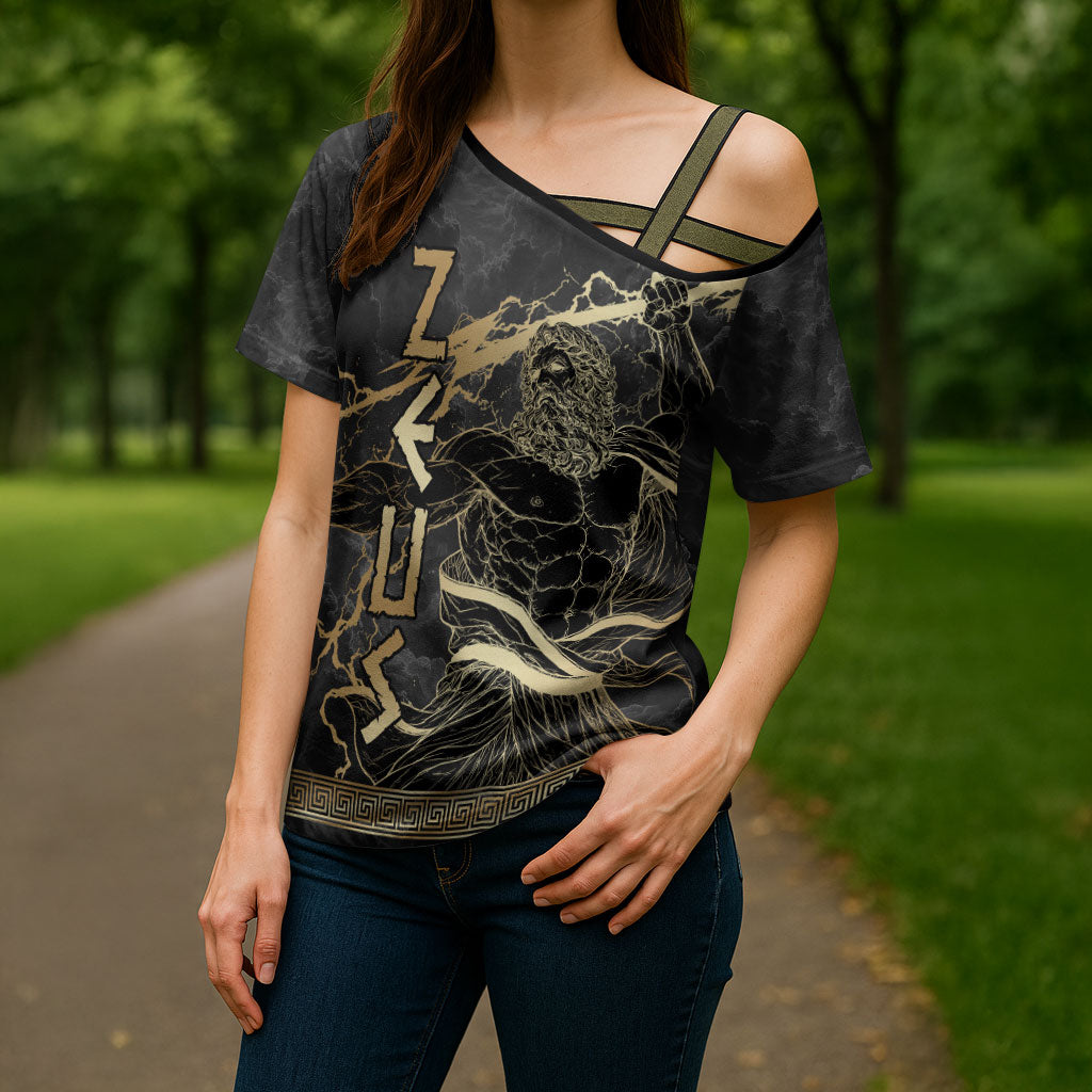 Zeus Greek Mythology King Of Gods Cross Shoulder Shirt Golden Meander Key Pattern Lightning Bolt