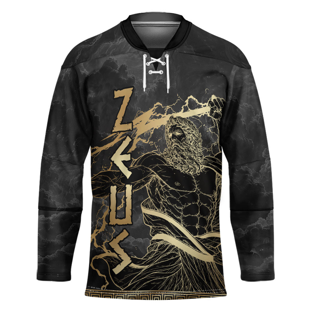 Zeus Greek Mythology King Of Gods Hockey Jersey Golden Meander Key Pattern Lightning Bolt