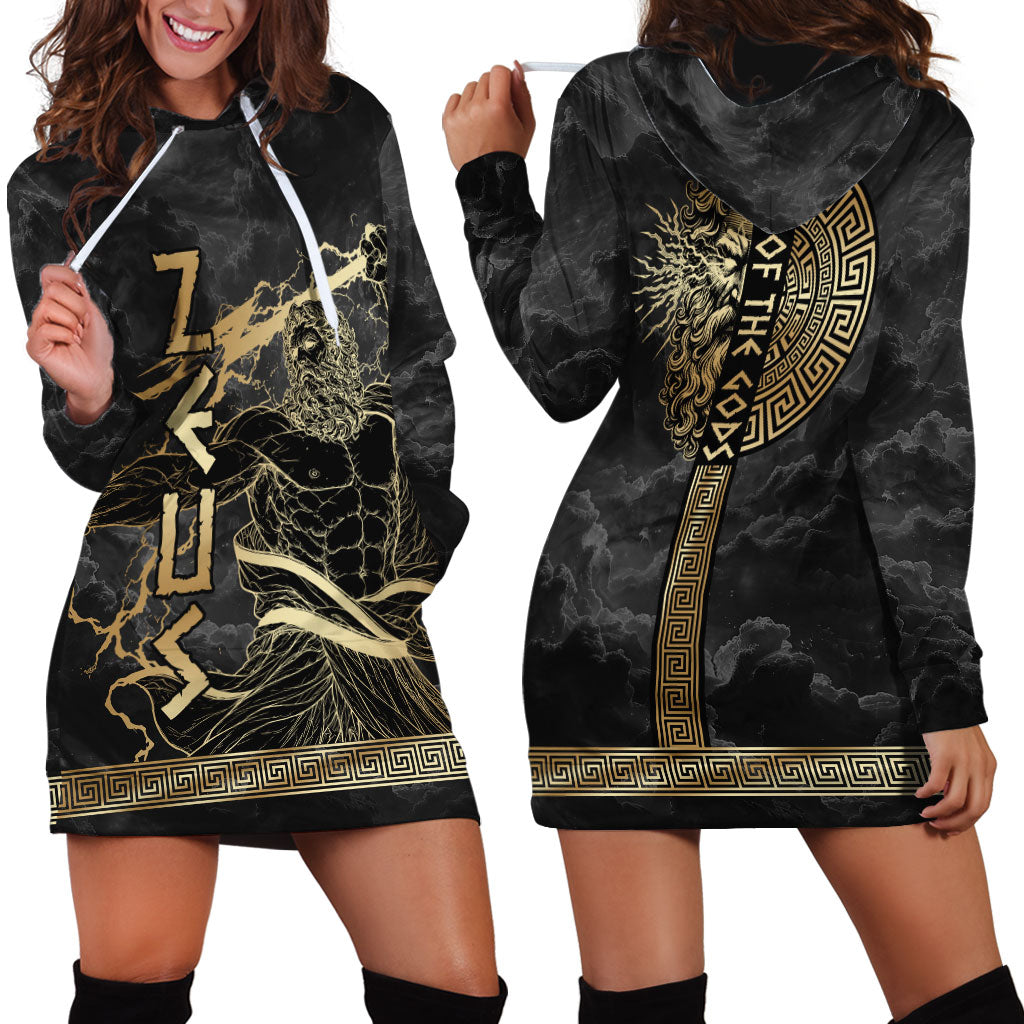 Zeus Greek Mythology King Of Gods Hoodie Dress Golden Meander Key Pattern Lightning Bolt