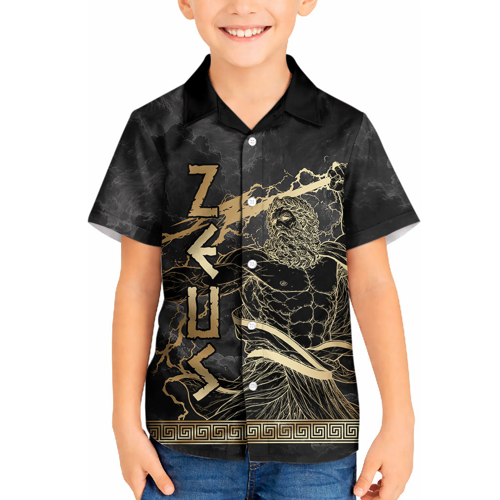 Zeus Greek Mythology King Of Gods Kid Hawaiian Shirt Golden Meander Key Pattern Lightning Bolt