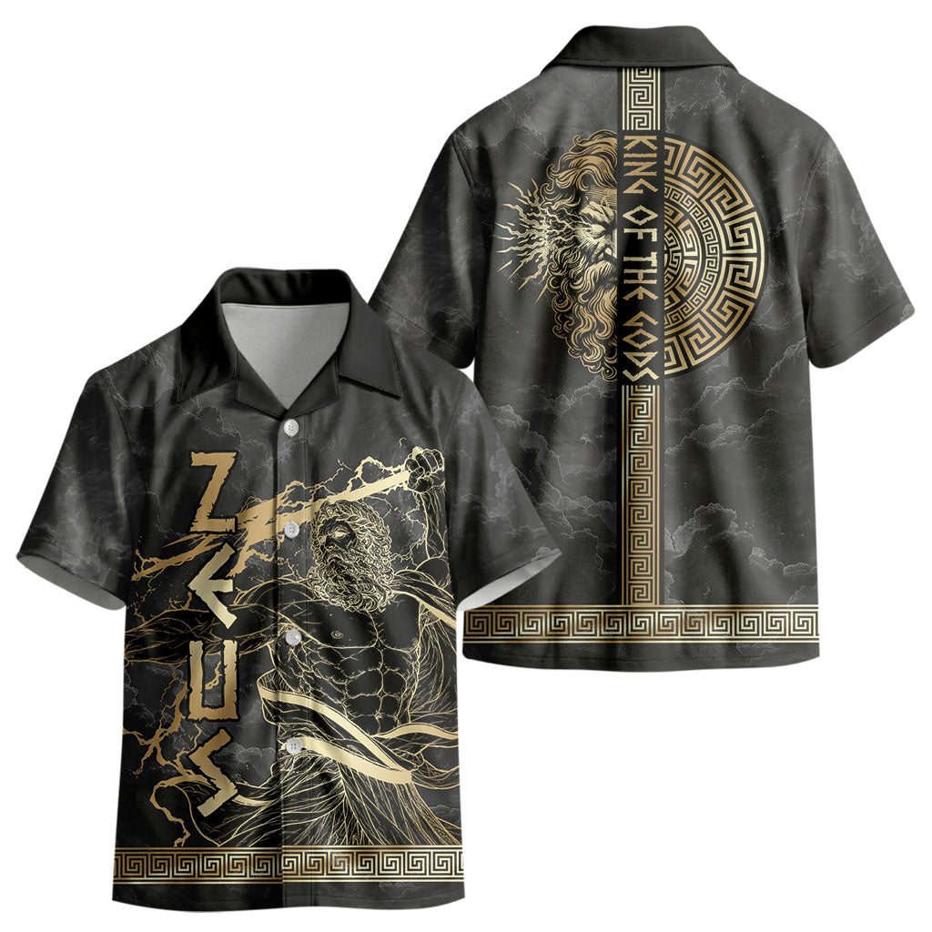 Zeus Greek Mythology King Of Gods Kid Hawaiian Shirt Golden Meander Key Pattern Lightning Bolt