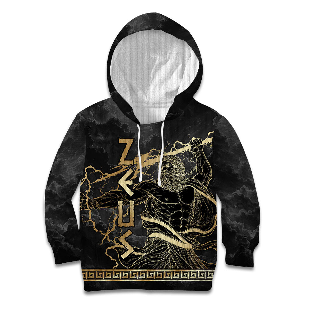 Zeus Greek Mythology King Of Gods Kid Hoodie Golden Meander Key Pattern Lightning Bolt