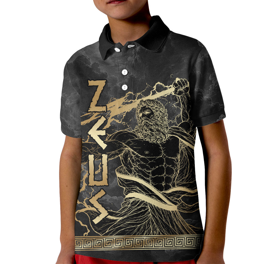 Zeus Greek Mythology King Of Gods Kid Polo Shirt Golden Meander Key Pattern Lightning Bolt