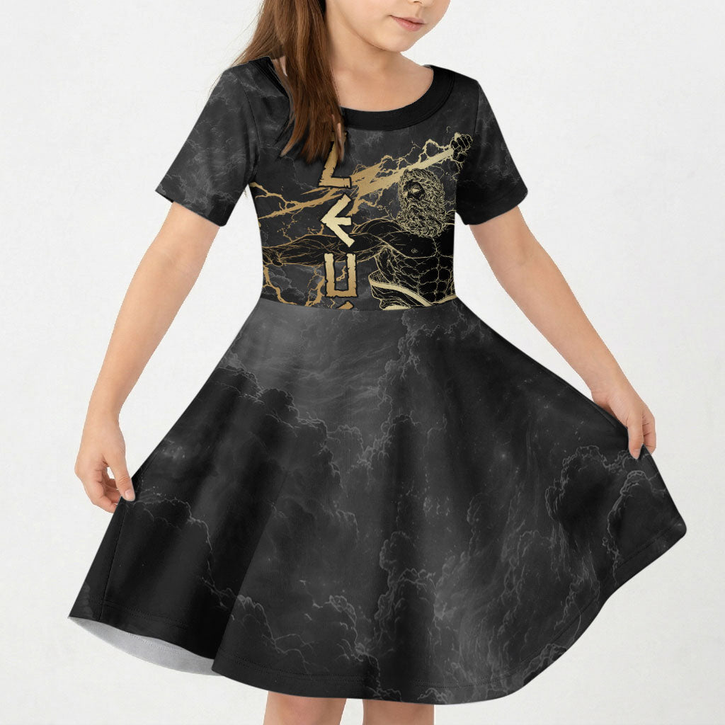 Zeus Greek Mythology King Of Gods Kid Short Sleeve Dress Golden Meander Key Pattern Lightning Bolt