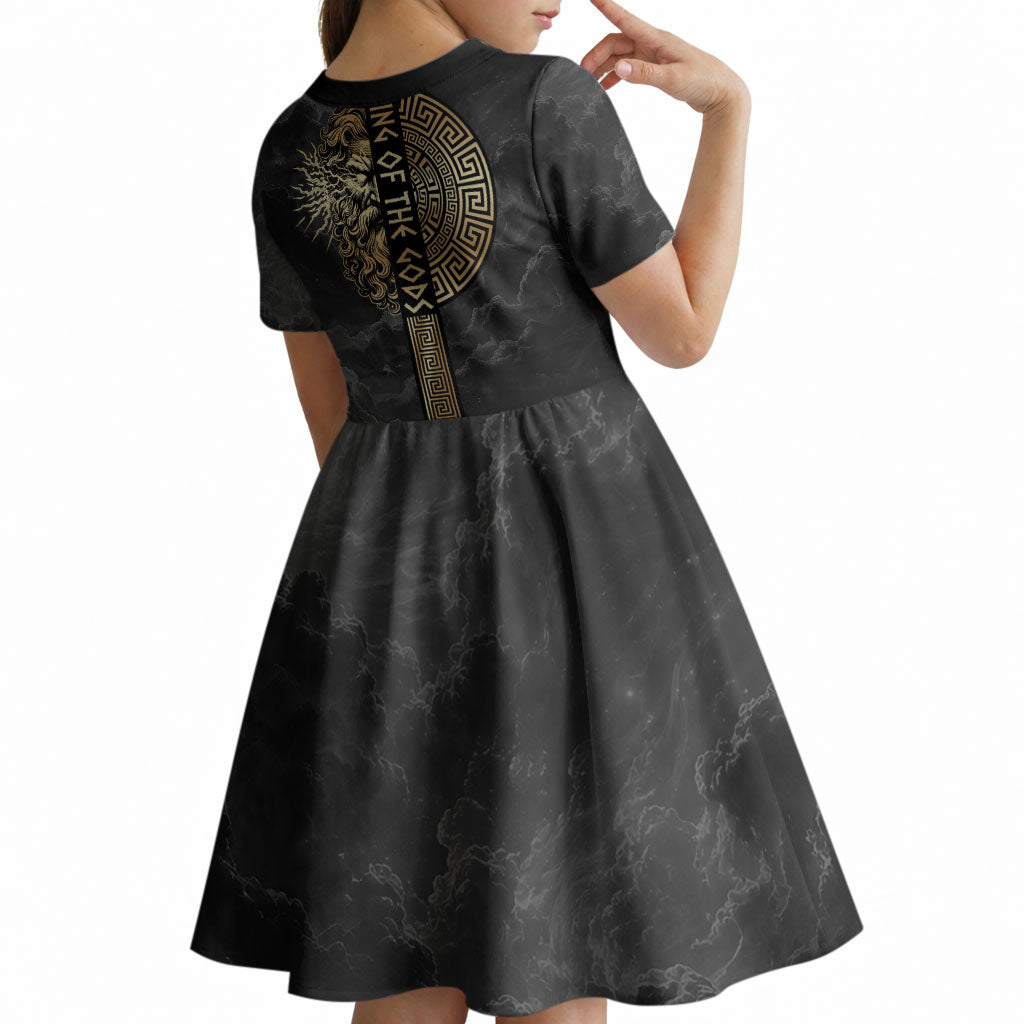 Zeus Greek Mythology King Of Gods Kid Short Sleeve Dress Golden Meander Key Pattern Lightning Bolt