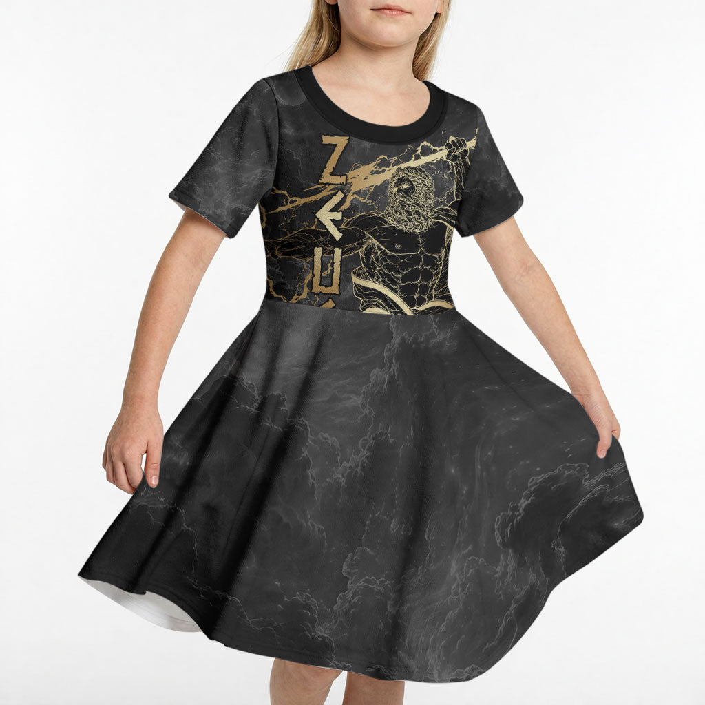 Zeus Greek Mythology King Of Gods Kid Short Sleeve Dress Golden Meander Key Pattern Lightning Bolt