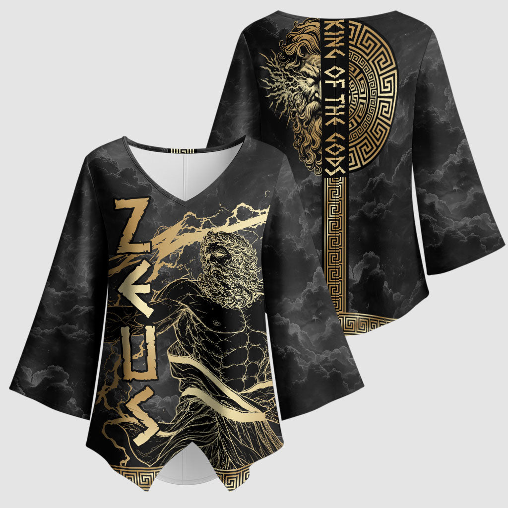 Zeus Greek Mythology King Of Gods Kimono Sleeve Blouse Golden Meander Key Pattern Lightning Bolt