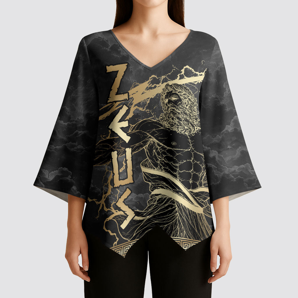 Zeus Greek Mythology King Of Gods Kimono Sleeve Blouse Golden Meander Key Pattern Lightning Bolt