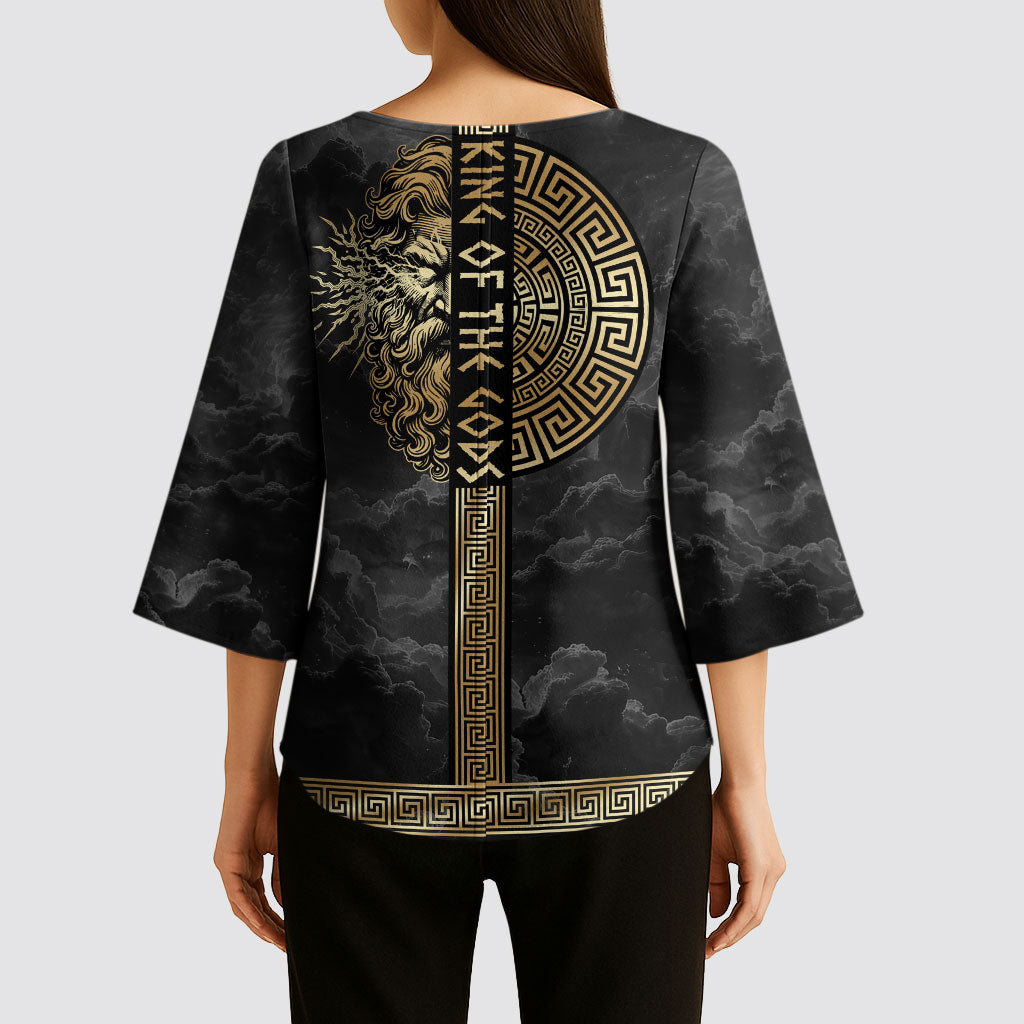 Zeus Greek Mythology King Of Gods Kimono Sleeve Blouse Golden Meander Key Pattern Lightning Bolt