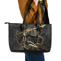 Zeus Greek Mythology King Of Gods Leather Tote Bag Golden Meander Key Pattern Lightning Bolt