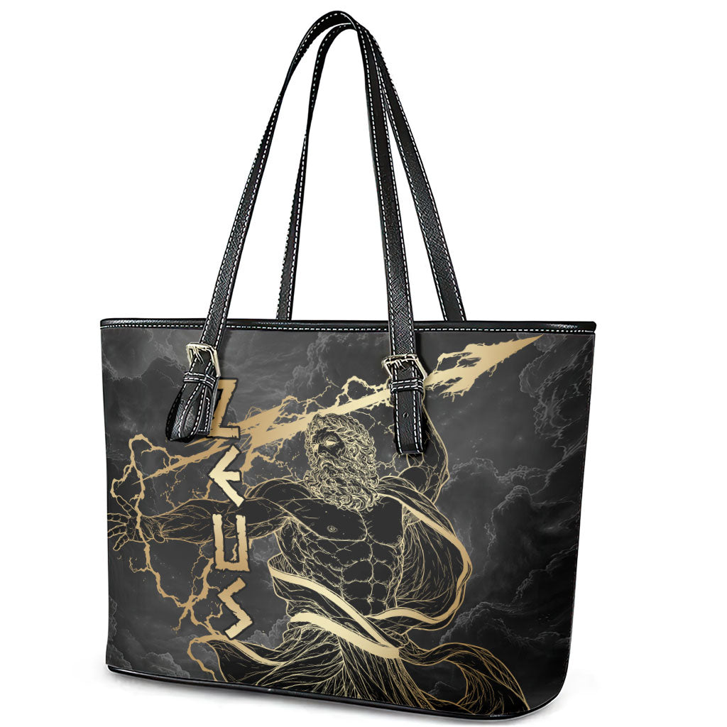 Zeus Greek Mythology King Of Gods Leather Tote Bag Golden Meander Key Pattern Lightning Bolt