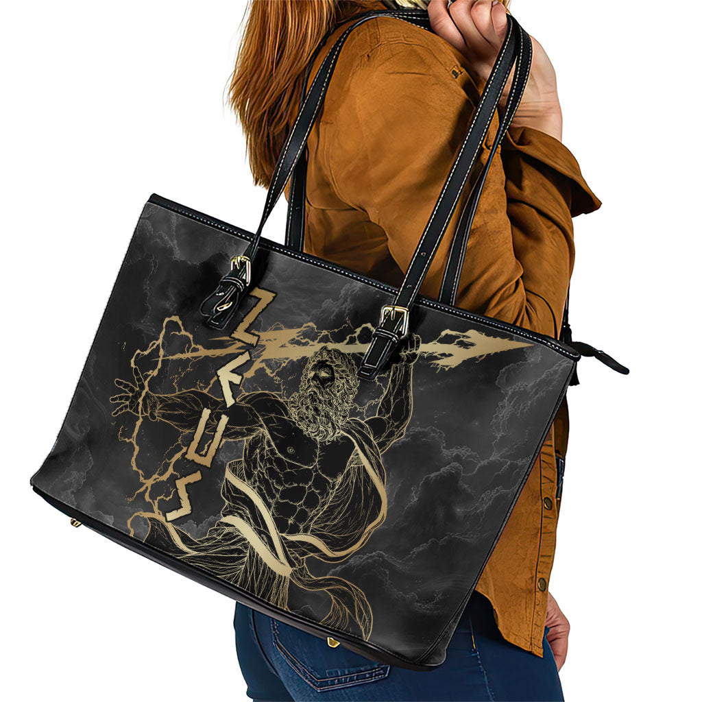 Zeus Greek Mythology King Of Gods Leather Tote Bag Golden Meander Key Pattern Lightning Bolt