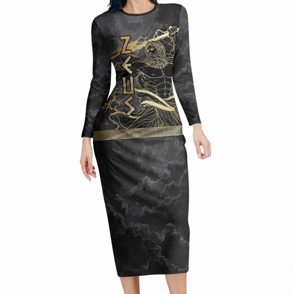 Zeus Greek Mythology King Of Gods Long Sleeve Bodycon Dress Golden Meander Key Pattern Lightning Bolt