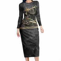 Zeus Greek Mythology King Of Gods Long Sleeve Bodycon Dress Golden Meander Key Pattern Lightning Bolt