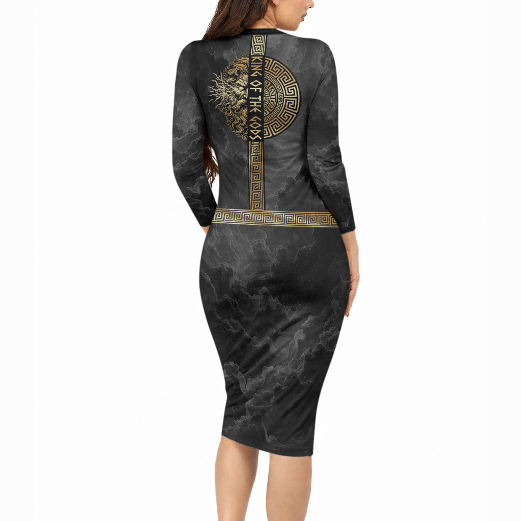 Zeus Greek Mythology King Of Gods Long Sleeve Bodycon Dress Golden Meander Key Pattern Lightning Bolt