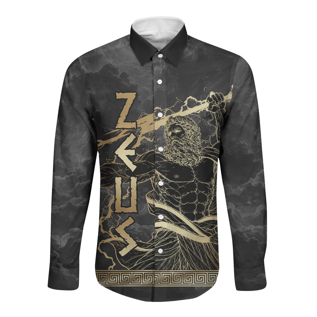 Zeus Greek Mythology King Of Gods Long Sleeve Button Shirt Golden Meander Key Pattern Lightning Bolt