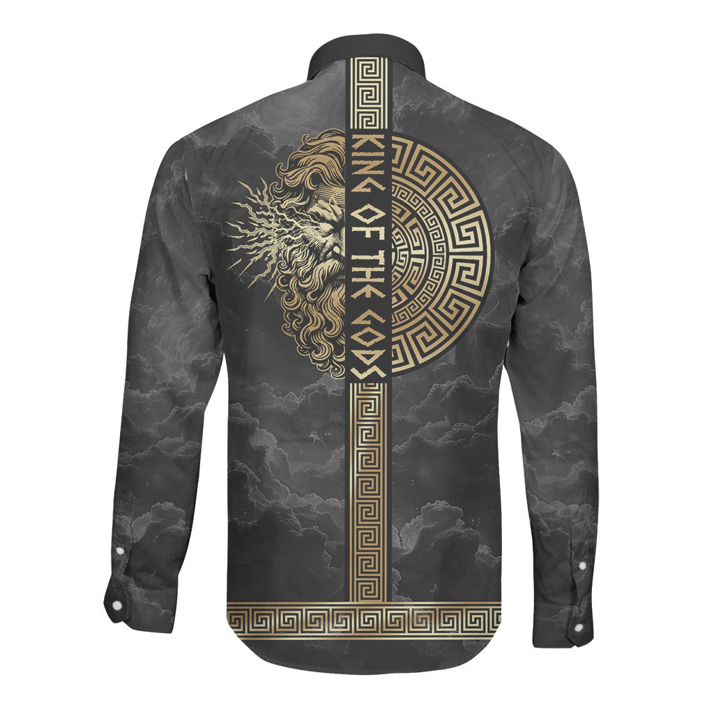 Zeus Greek Mythology King Of Gods Long Sleeve Button Shirt Golden Meander Key Pattern Lightning Bolt