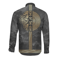 Zeus Greek Mythology King Of Gods Long Sleeve Button Shirt Golden Meander Key Pattern Lightning Bolt