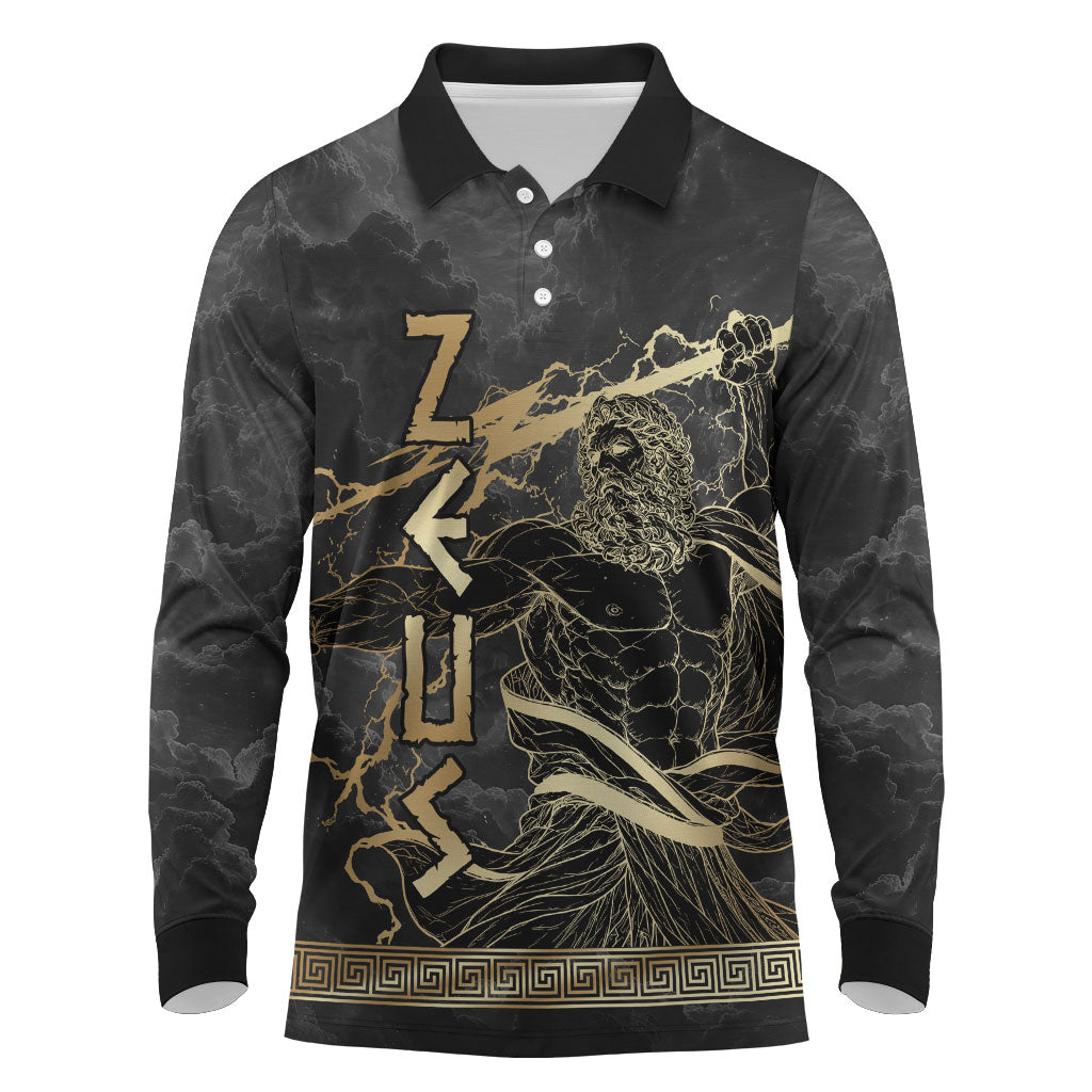 Zeus Greek Mythology King Of Gods Long Sleeve Polo Shirt Golden Meander Key Pattern Lightning Bolt
