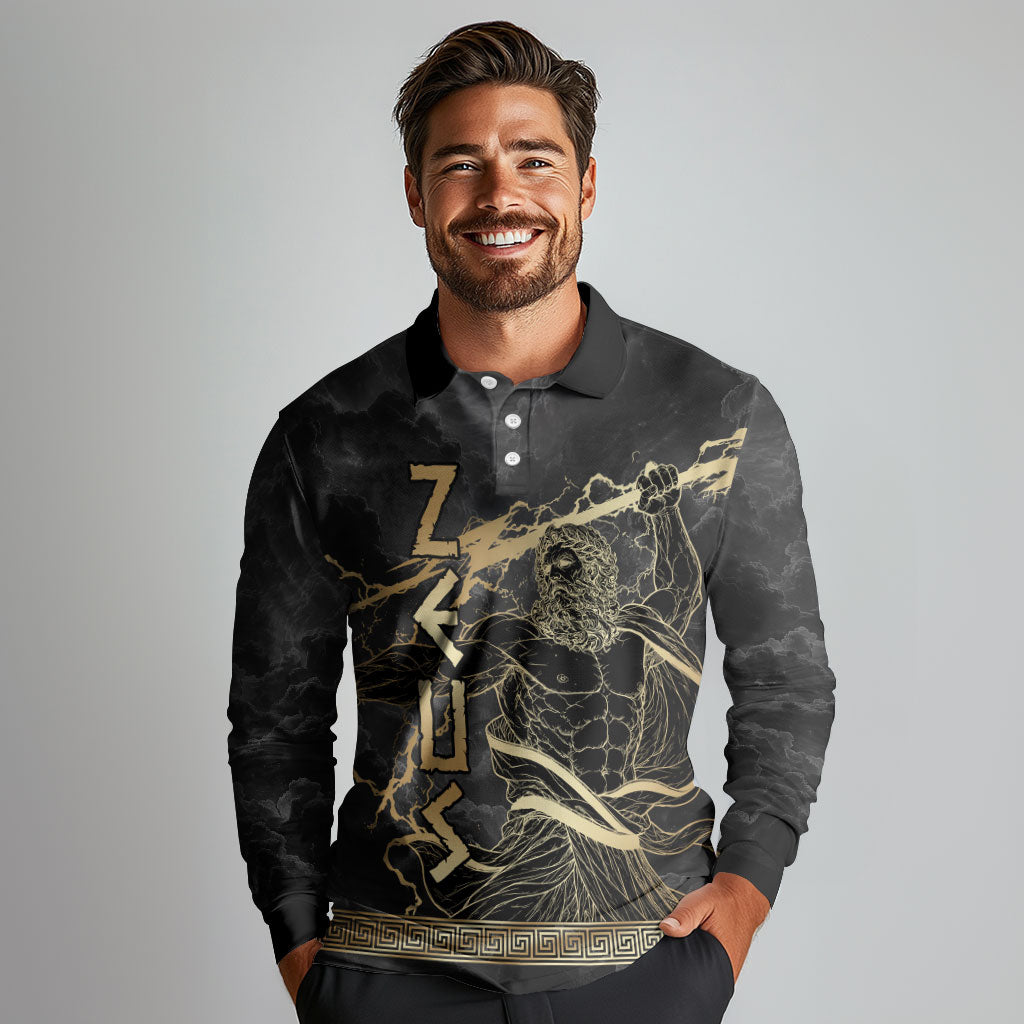 Zeus Greek Mythology King Of Gods Long Sleeve Polo Shirt Golden Meander Key Pattern Lightning Bolt