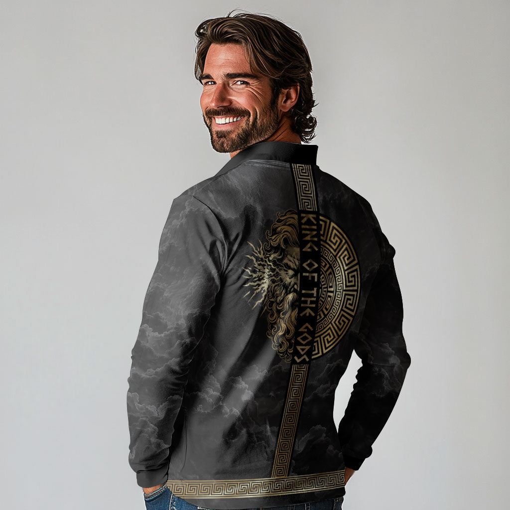 Zeus Greek Mythology King Of Gods Long Sleeve Polo Shirt Golden Meander Key Pattern Lightning Bolt