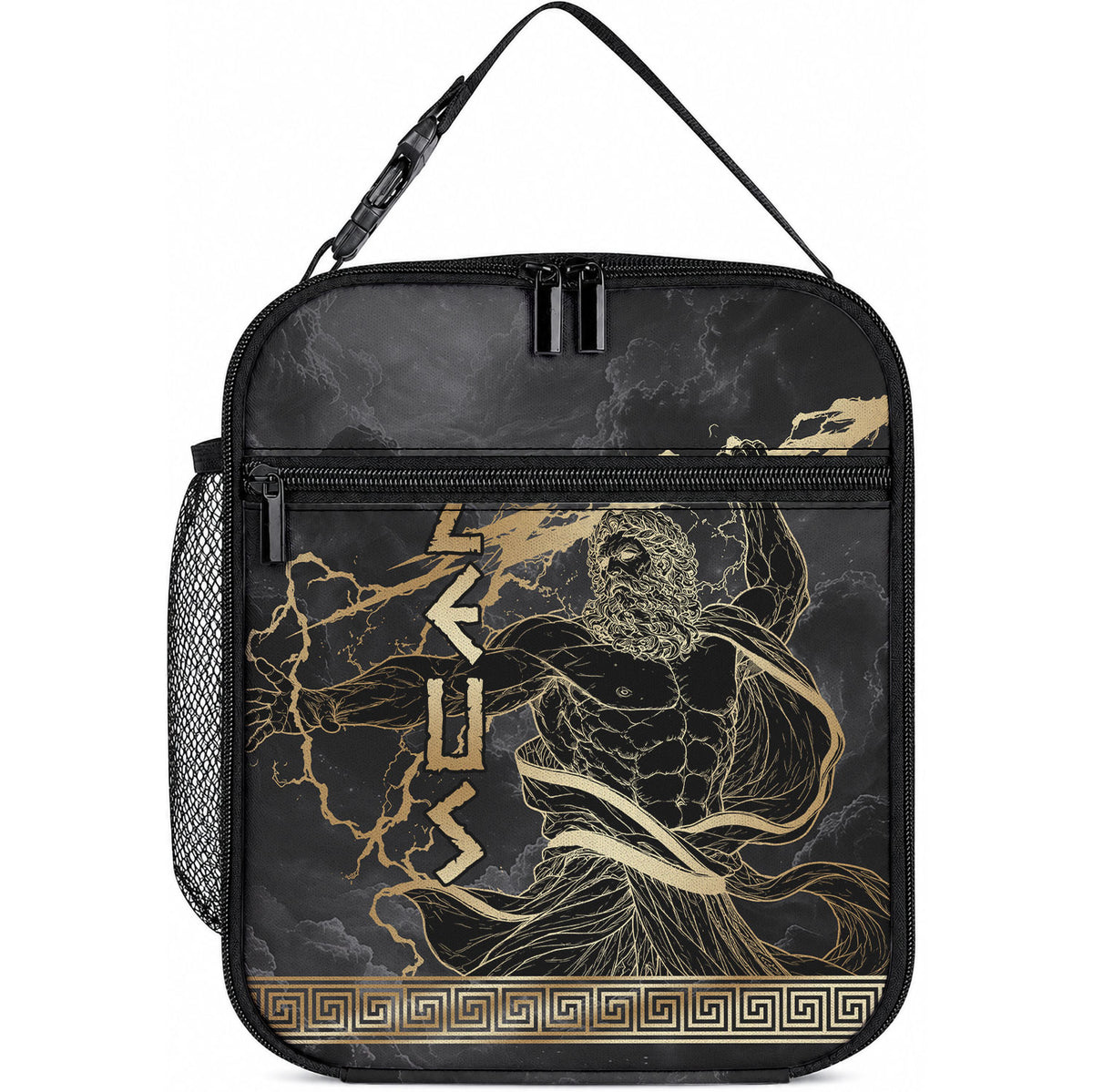 Zeus Greek Mythology King Of Gods Lunch Bag Golden Meander Key Pattern Lightning Bolt