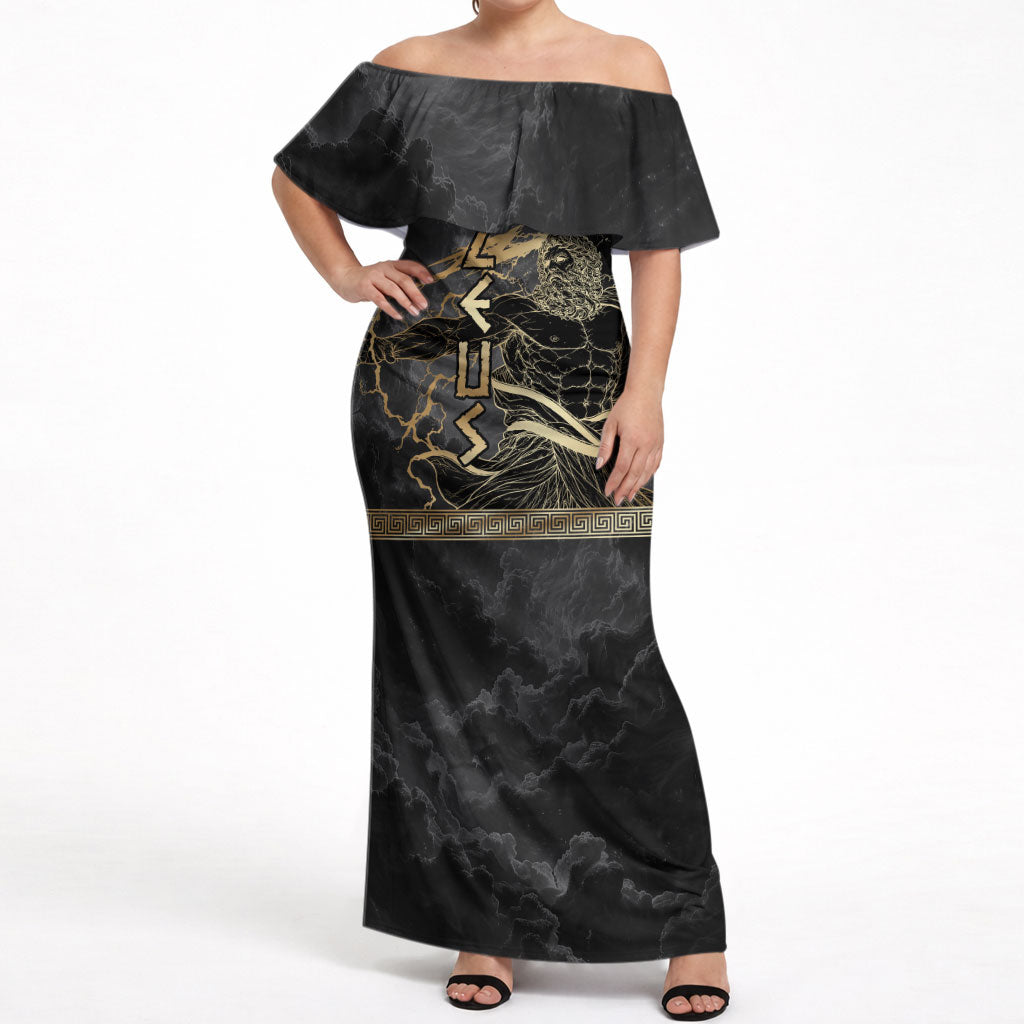 Zeus Greek Mythology King Of Gods Off Shoulder Maxi Dress Golden Meander Key Pattern Lightning Bolt