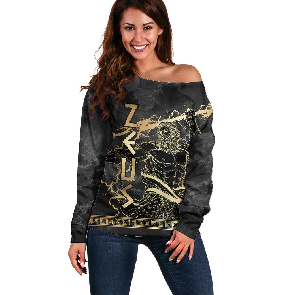Zeus Greek Mythology King Of Gods Off Shoulder Sweater Golden Meander Key Pattern Lightning Bolt